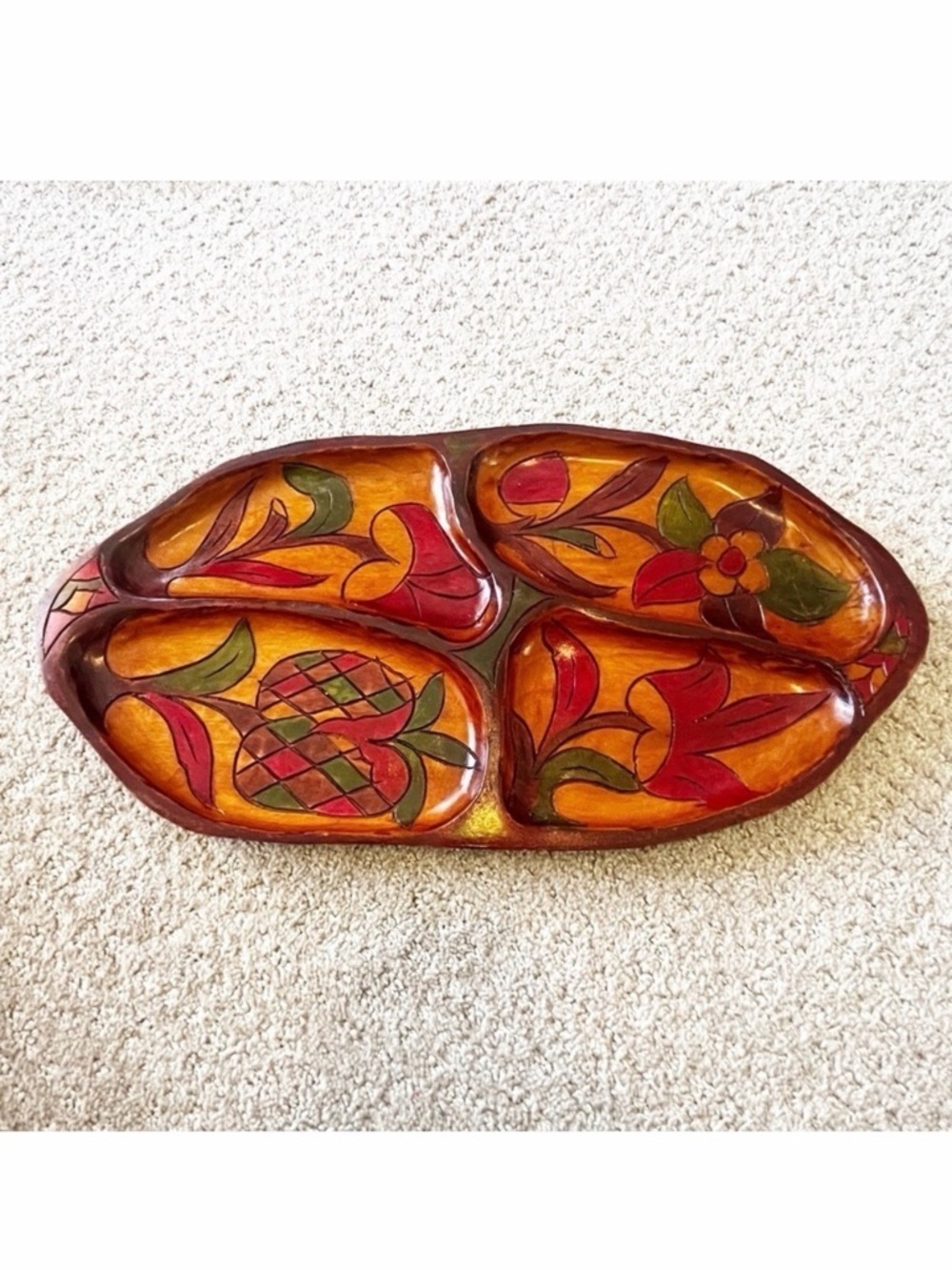 Vintage Mid Century Wooden Serving Tray Platter Boho Exotic Wood Divided Carved